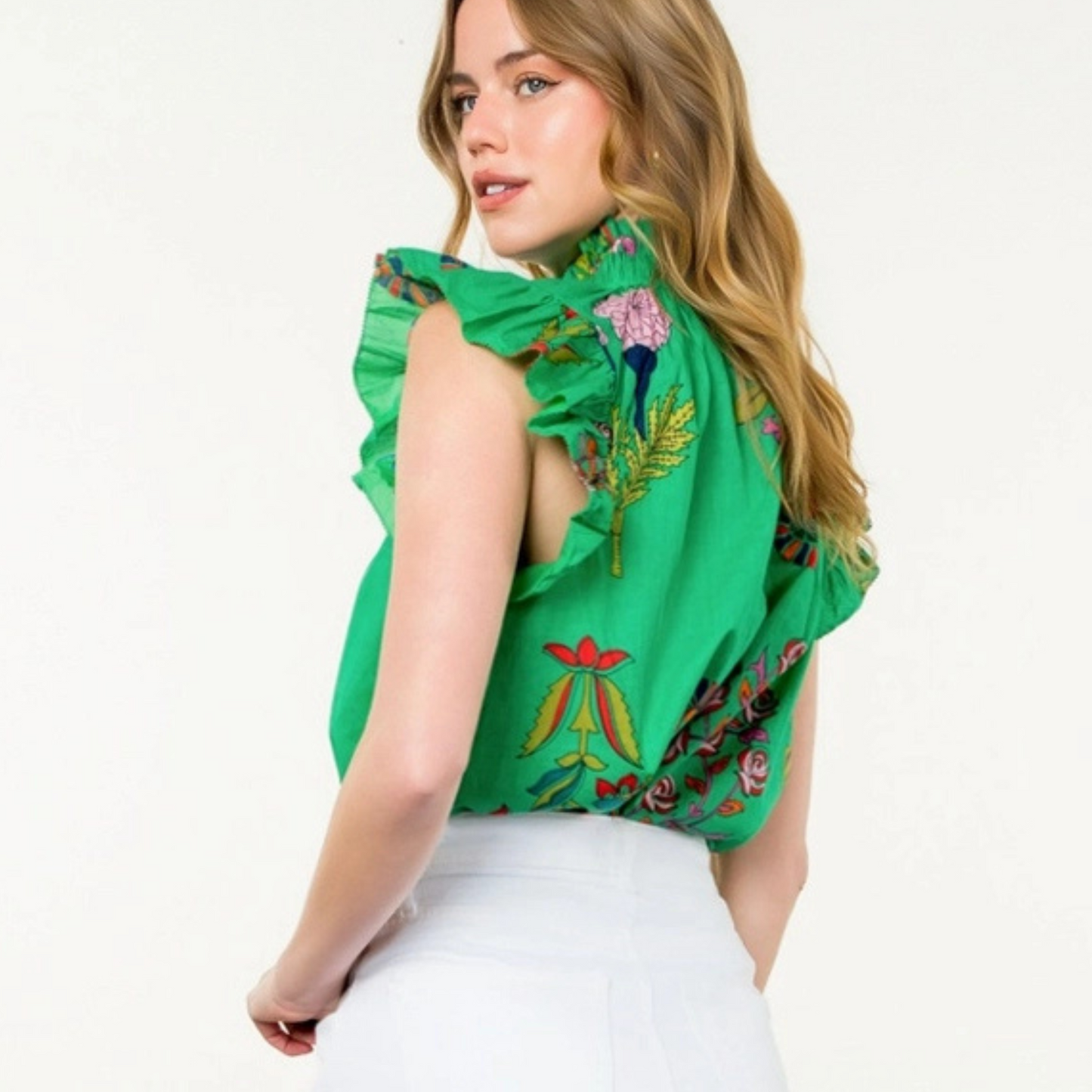 THML ruffle neck floral print flutter sleeve top, ruffle neck floral print flutter sleeve top, floral print ruffle neck top, floral print flutter sleeve top, THML top, boutique style, boutique fashion, summer top