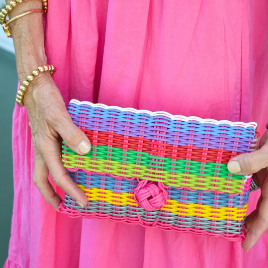the lilley line clutch, multi-stripe bright the lilley line clutch, resort wear accessories, boutique style, boutique accessory, made in el salvador