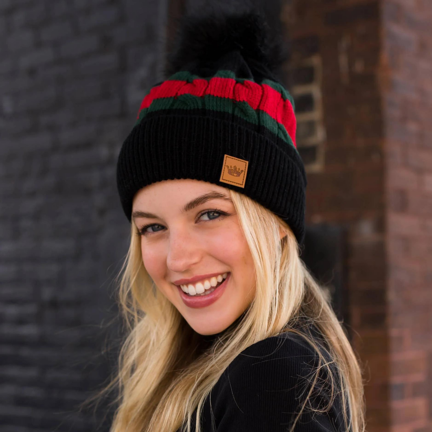 Green and Red Stripe Pom Hat + Mittens