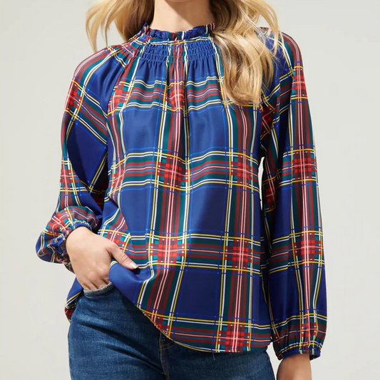 Festive Blue Plaid Blouse