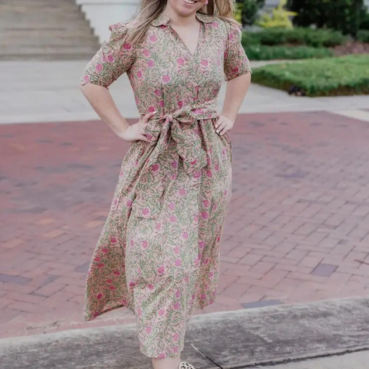 floral sleeve scalloped sleeve dress, scalloped sleeve dress, block print dress, resort wear, dress