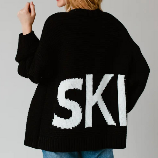 Ski graphic cardigan, Ski sweater women, Ski print cardigan, Oversized knit cardigan, Winter graphic sweater, Ski themed sweater, Black cardigan with white graphic, Casual ski sweater, Cozy ski sweater women, Ski-inspired sweater