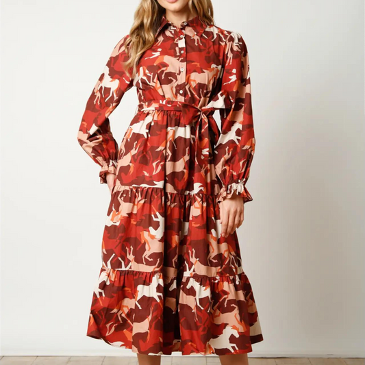 horse print poplin maxi dress, horse print dress, poplin maxi dress, western dress, dress