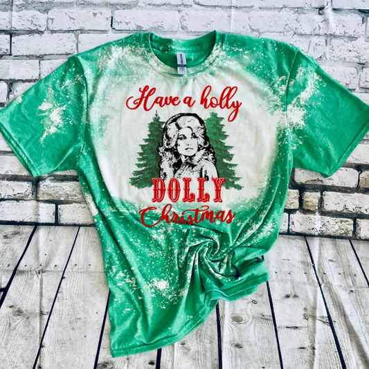 Holly Dolly Christmas tee, Dolly Parton Christmas shirt, holiday graphic tee women, Christmas t-shirt boutique, festive Christmas top, bleached Christmas tee, holiday tee red green, funny Christmas shirt women, boutique holiday apparel