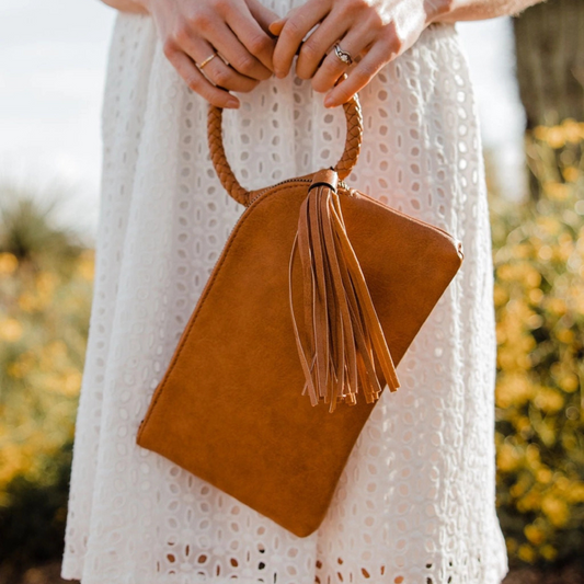 brown tassel wristlet and clutch, brown tassel wristlet, brown tassel clutch, vegan leather accessory, brown wristlet, brown clutch, wristlet, clutch, boutique style, boutique accessory