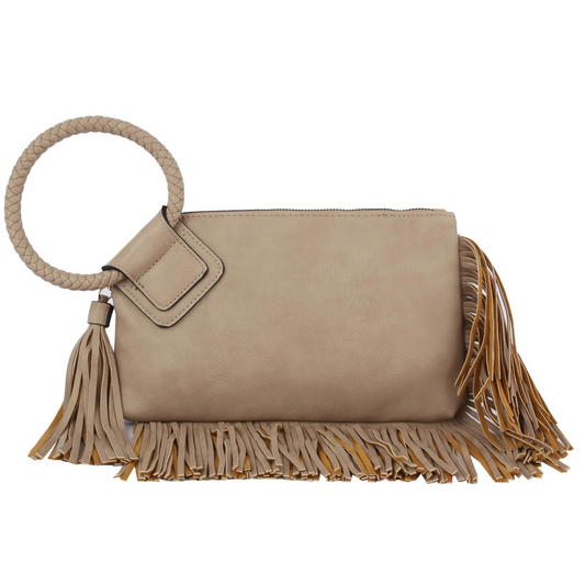 taupe fringe wristlet and clutch, taupe fringe wristlet, taupe fringe clutch, vegan leather accessory, taupe wristlet, taupe clutch, wristlet, clutch, boutique style, boutique accessory