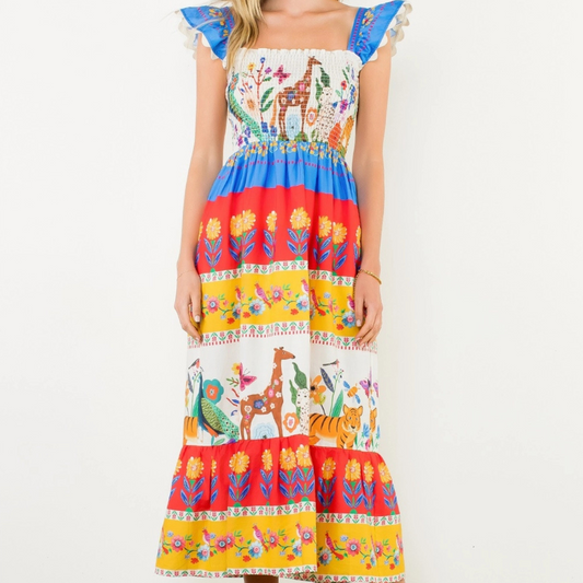 animal print maxi dress, flutter sleeve maxi dress, cotton maxi dress for women, boho animal print dress, summer maxi dress with sleeves, long animal print dress, boutique maxi dress women, thml maxi dress, thml dress, thml style, thml fashion