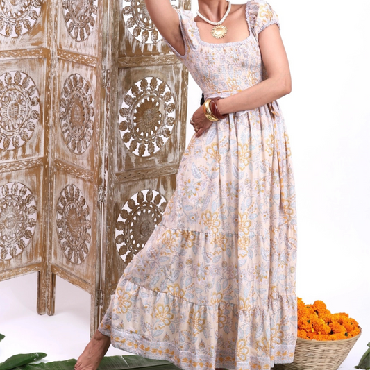 The Fox and The Mermaid block printed smock dress, Paloma block printed maxi dress buttermilk, Paloma block printed maxi dress, block printed smock dress, block printed maxi dress, block print fashion, block print dress, summer dress, cotton dress, boutique style, boutique fashion, The Fox and The Mermaid