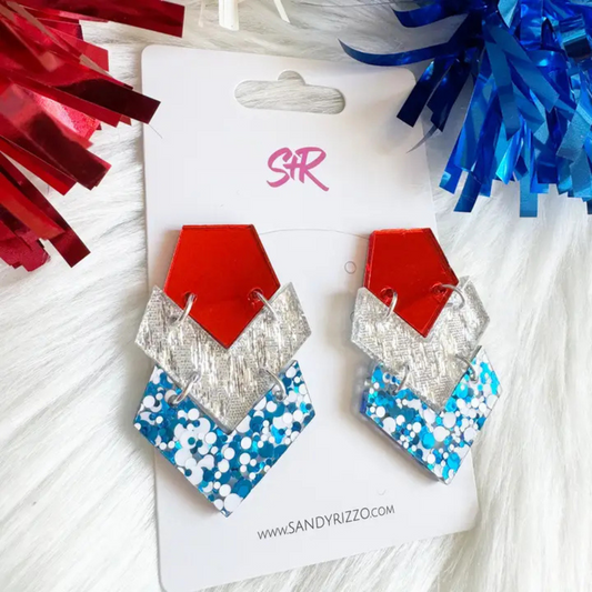 red silver and blue patriotic earrings, patriotic earrings, 4th of july earrings, 4th of july accessories, sandy and rizzo, sandy and rizzo earrings, boutique style, boutique fashion, boutique accessories