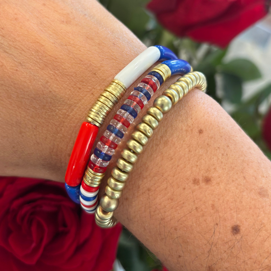 4th of july bracelet stack, red white and blue bracelet stack, 4th of july accessories, boutique style, boutique fashion, boutique accessories, red white and blue accessories