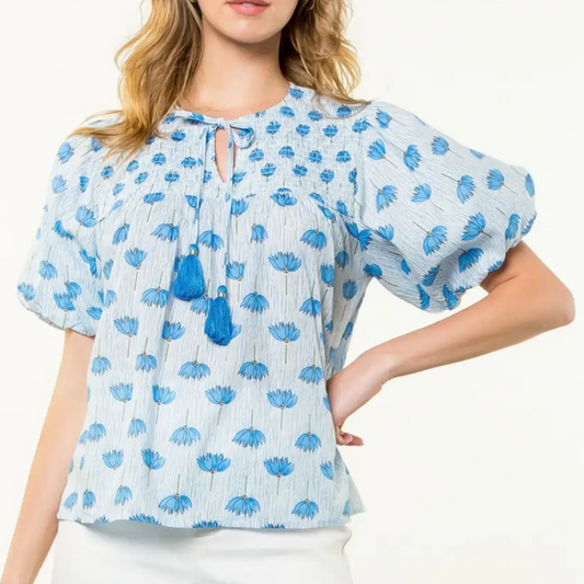 THML Smocked Puff Sleeve Tassel Floral Top, Smocked Puff Sleeve Tassel Floral Top, smocked puff sleeve top, smocked puff sleeve tassel top, smocked puff sleeve floral print top, cotton top, thml style, thml fashion, thml top