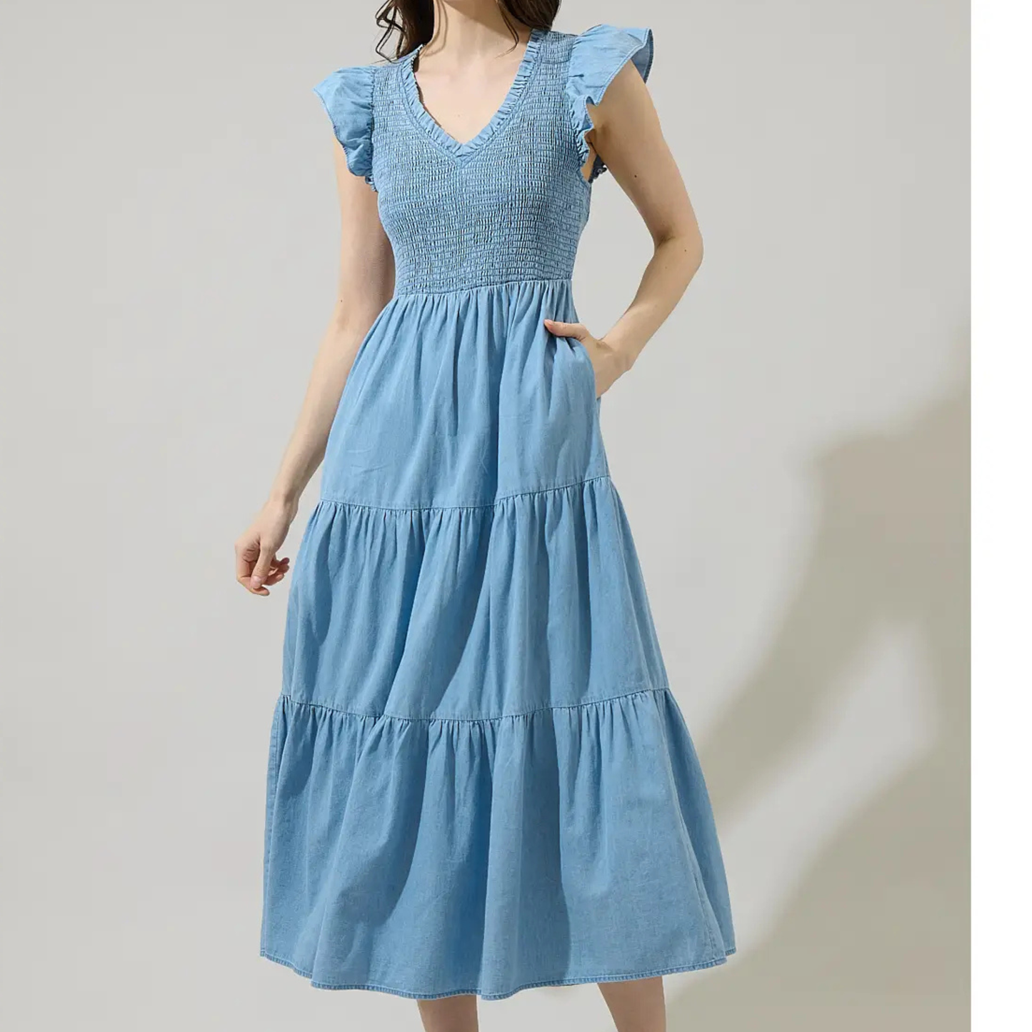 smocked bodice midi dress, tiered cotton midi dress, denim look midi dress, women’s boutique midi dress, cotton summer dress, smocked top dress, casual elegant midi dress