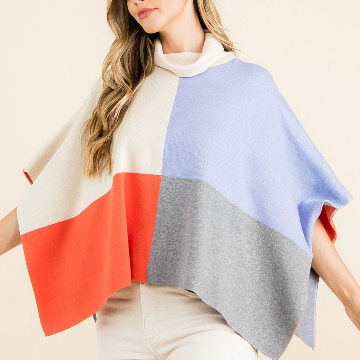 Colorblock Turtleneck Poncho