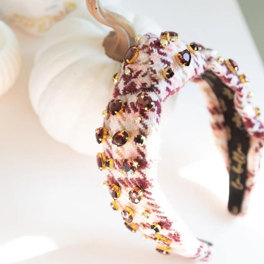 La Bella Mulled Wine Plaid Tweed Jeweled Headband, Mulled Wine Plaid Tweed Jeweled Headband, Jeweled Headband, Headband, Accessories