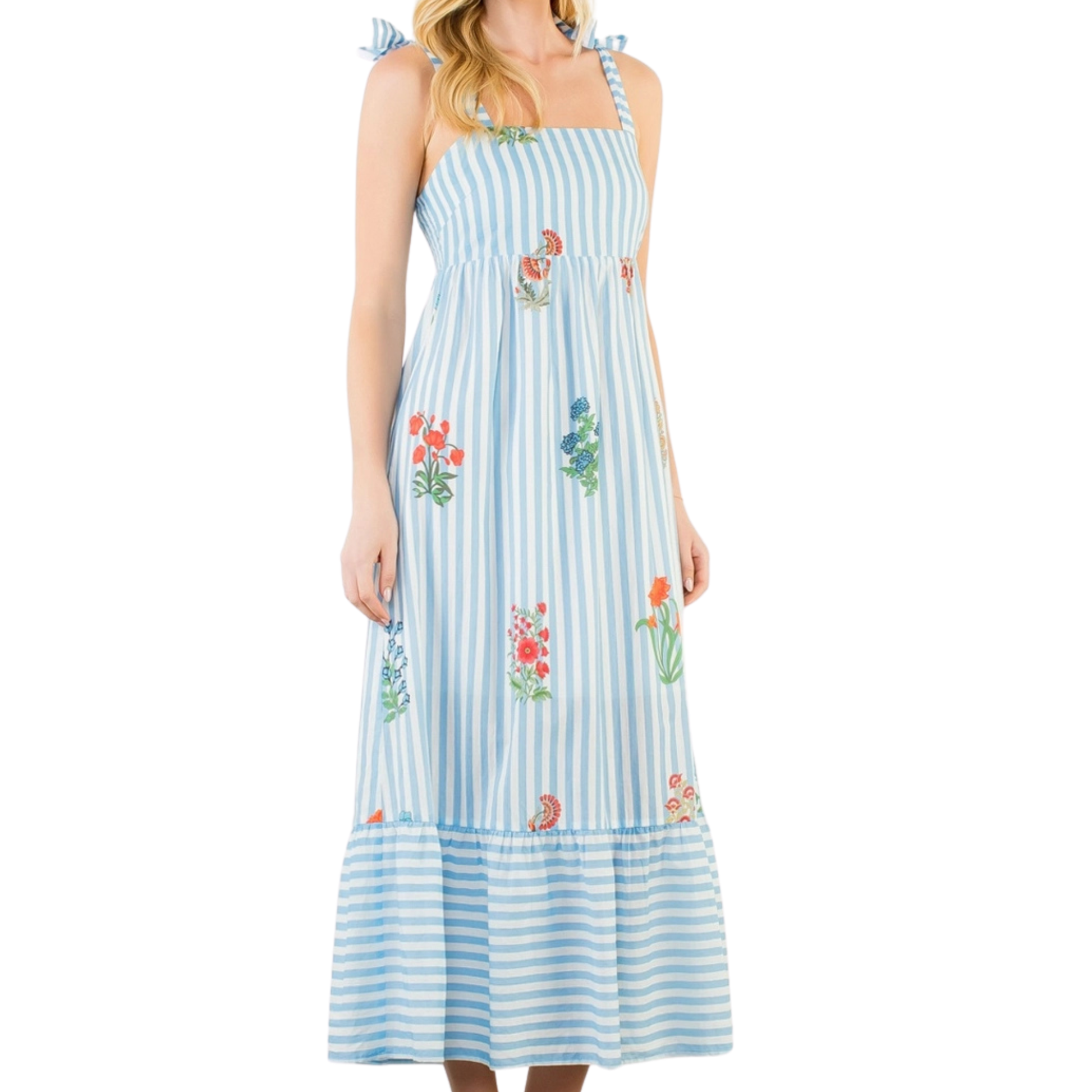 STRIPED FLORAL PATTERN MIDI DRESS BLUE / Medium / TDM1079-1-BL STRIPED FLORAL PATTERN MIDI DRESS BLUE / Medium / TDM1079-1-BL