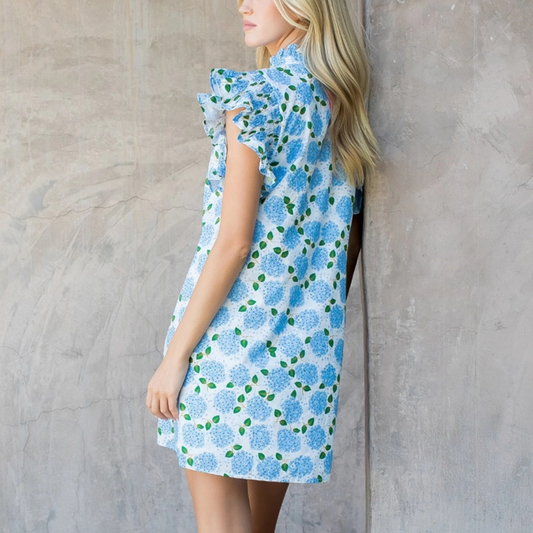 flutter sleeve hydrangea dress, hydrangea print dress, 100% cotton floral dress, women’s boutique summer dress, lightweight cotton dress, floral cotton dress women, casual chic floral dress, 
spring summer fashion dress