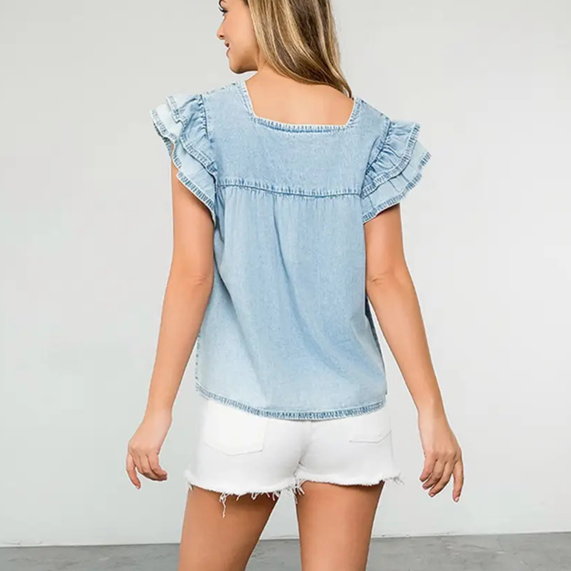 embroidered cotton top, ruffle sleeve blouse women, 100% cotton boutique top, woven cotton blouse, feminine summer top, women’s embroidered blouse, casual chic cotton top, THML top