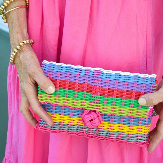 the lilley line clutch, multi-stripe bright the lilley line clutch, resort wear accessories, boutique style, boutique accessory, made in el salvador 