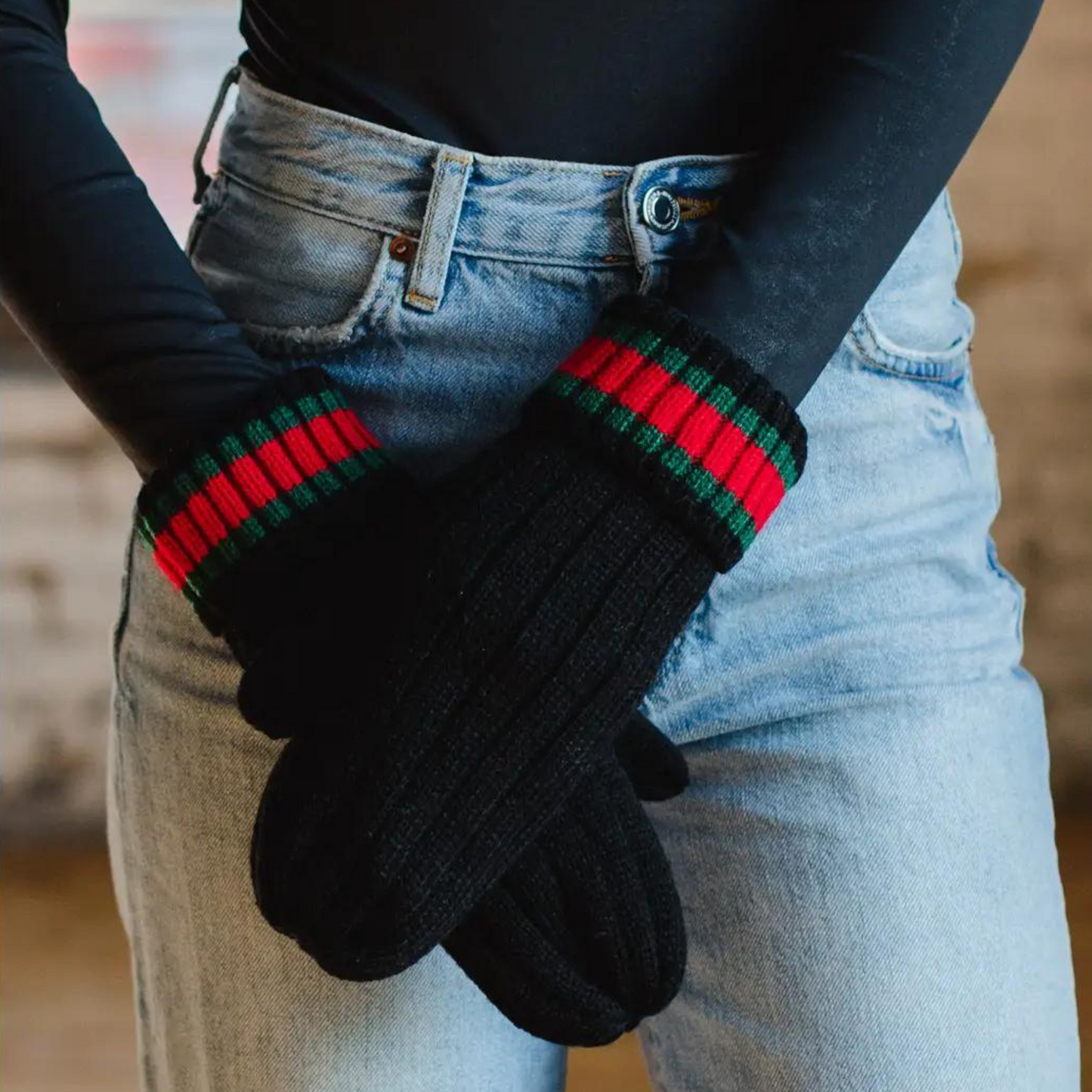 Green and Red Stripe Pom Hat + Mittens