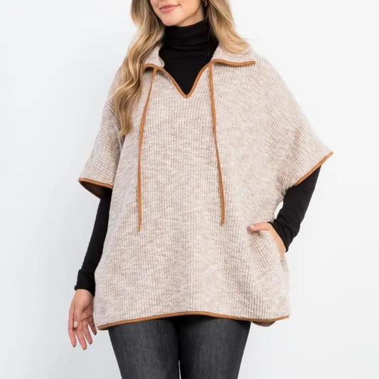 Sleeveless collared poncho, collared poncho, taupe poncho, soft poncho, poncho