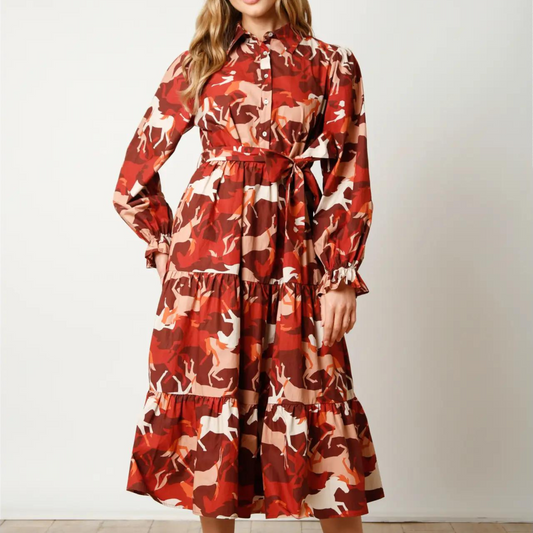 horse print poplin maxi dress, horse print dress, poplin maxi dress, western dress, dress 