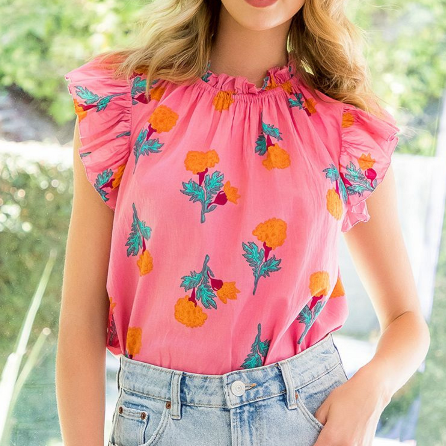 ruffle sleeve flower print top, ruffle flower print top, flower print top, cotton top, boutique style, boutique fashion, thml style, thml fashion