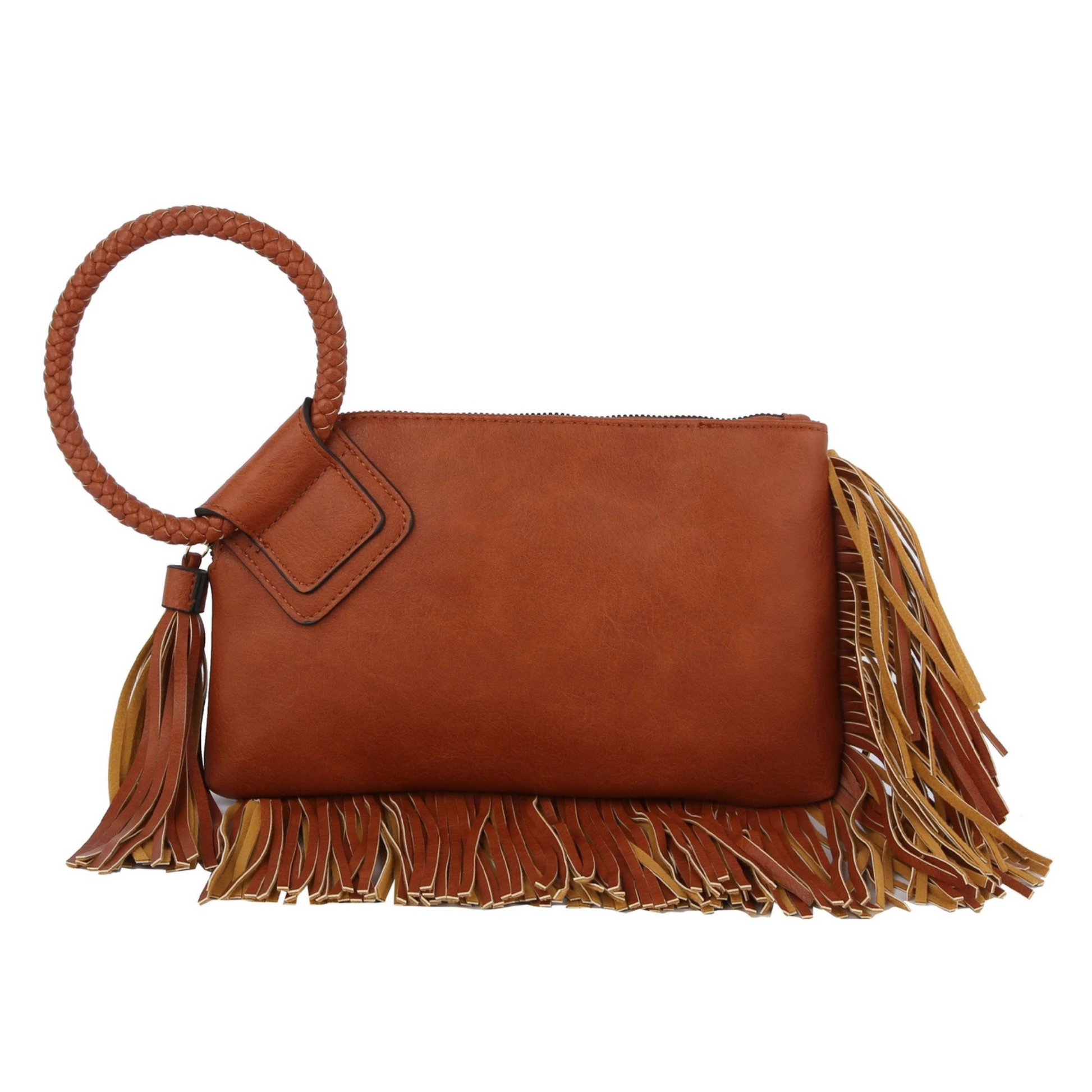 brown fringe wristlet and clutch, brown fringe wristlet, brown fringe clutch, vegan leather accessory, brown wristlet, brown clutch, wristlet, clutch, boutique style, boutique accessory