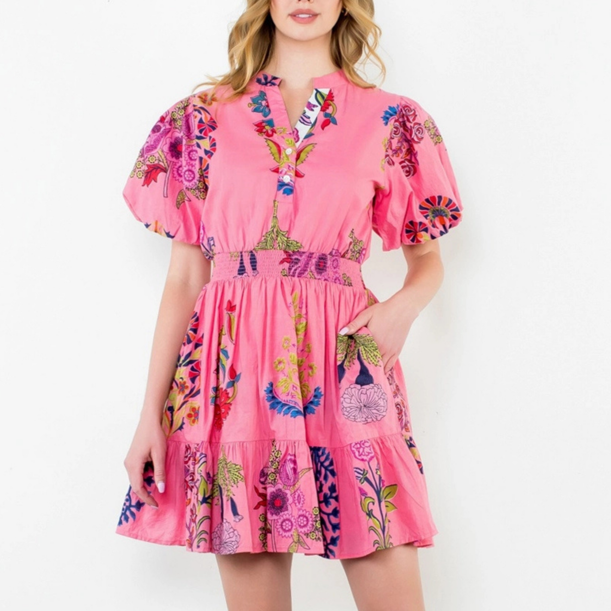 Floral Smocked Waist Puff Sleeve Dress Romantic, Lightweight & Flattering M Floral Smocked Waist Puff Sleeve Dress Romantic, Lightweight & Flattering M