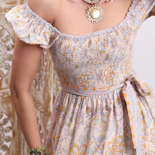 The Fox and The Mermaid block printed smock dress, Paloma block printed maxi dress buttermilk, Paloma block printed maxi dress, block printed smock dress, block printed maxi dress, block print fashion, block print dress, summer dress, cotton dress, boutique style, boutique fashion, The Fox and The Mermaid 