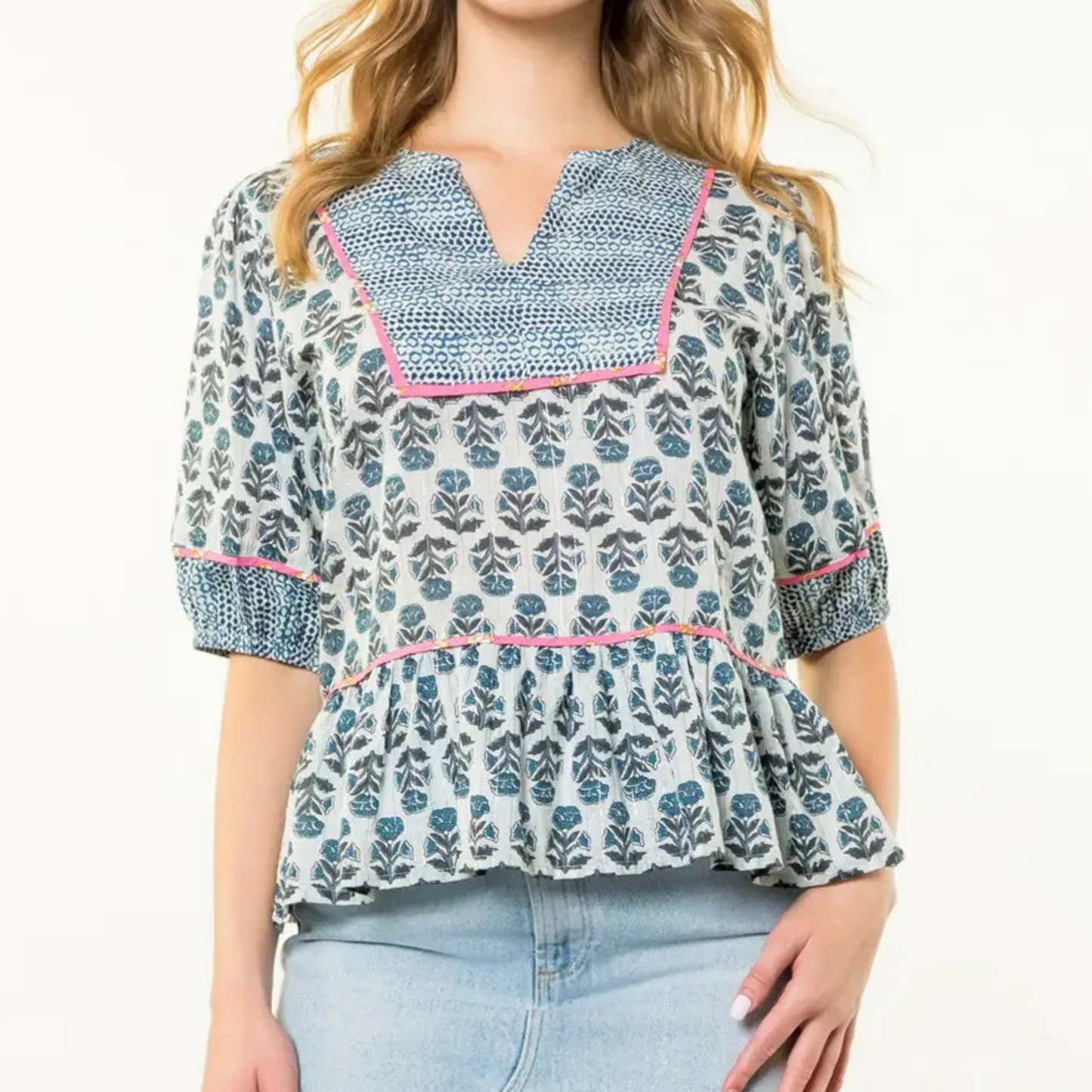 THML contrast trim puff sleeve floral top, thml puff sleeve floral top, thml puff sleeve top, cotton top, thml style, thml fashion
