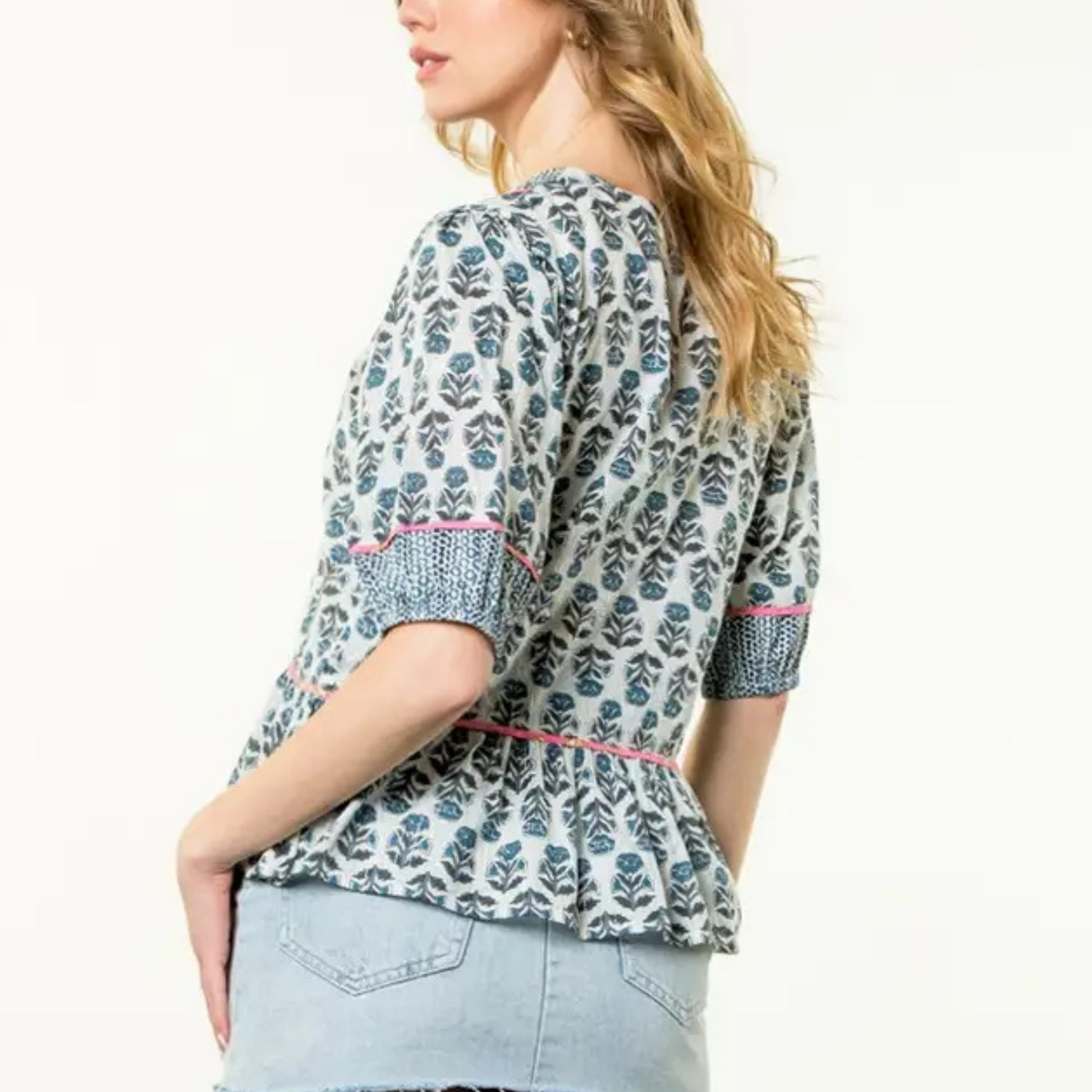 THML contrast trim puff sleeve floral top, thml puff sleeve floral top, thml puff sleeve top, cotton top, thml style, thml fashion