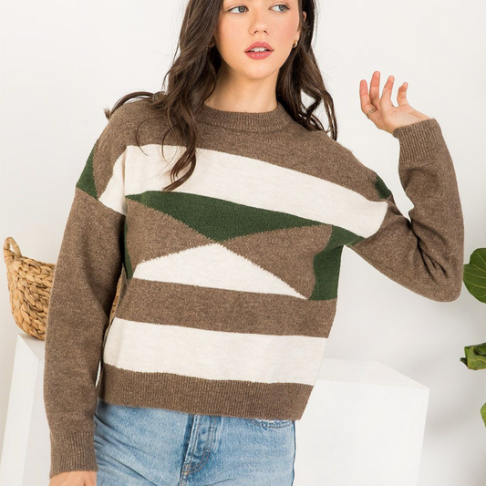 Geometric colorblock sweater, Colorblock sweater women, Brown and green sweater, Soft knit sweater, Trendy colorblock sweater, Cozy geometric sweater, Casual women’s sweater, Chunky knit sweater, Stylish colorblock knit, Fall sweater for women, THML sweater, THML top, THML style