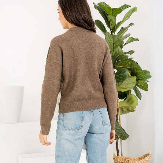 Geometric colorblock sweater, Colorblock sweater women, Brown and green sweater, Soft knit sweater, Trendy colorblock sweater, Cozy geometric sweater, Casual women’s sweater, Chunky knit sweater, Stylish colorblock knit, Fall sweater for women, THML sweater, THML top, THML style