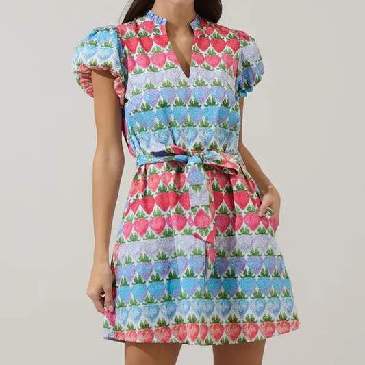 berry print mini dress, cotton shift mini dress, 100% cotton summer dress, women’s boutique mini dress, brunch outfit dress, lightweight cotton dress women, summer event mini dress