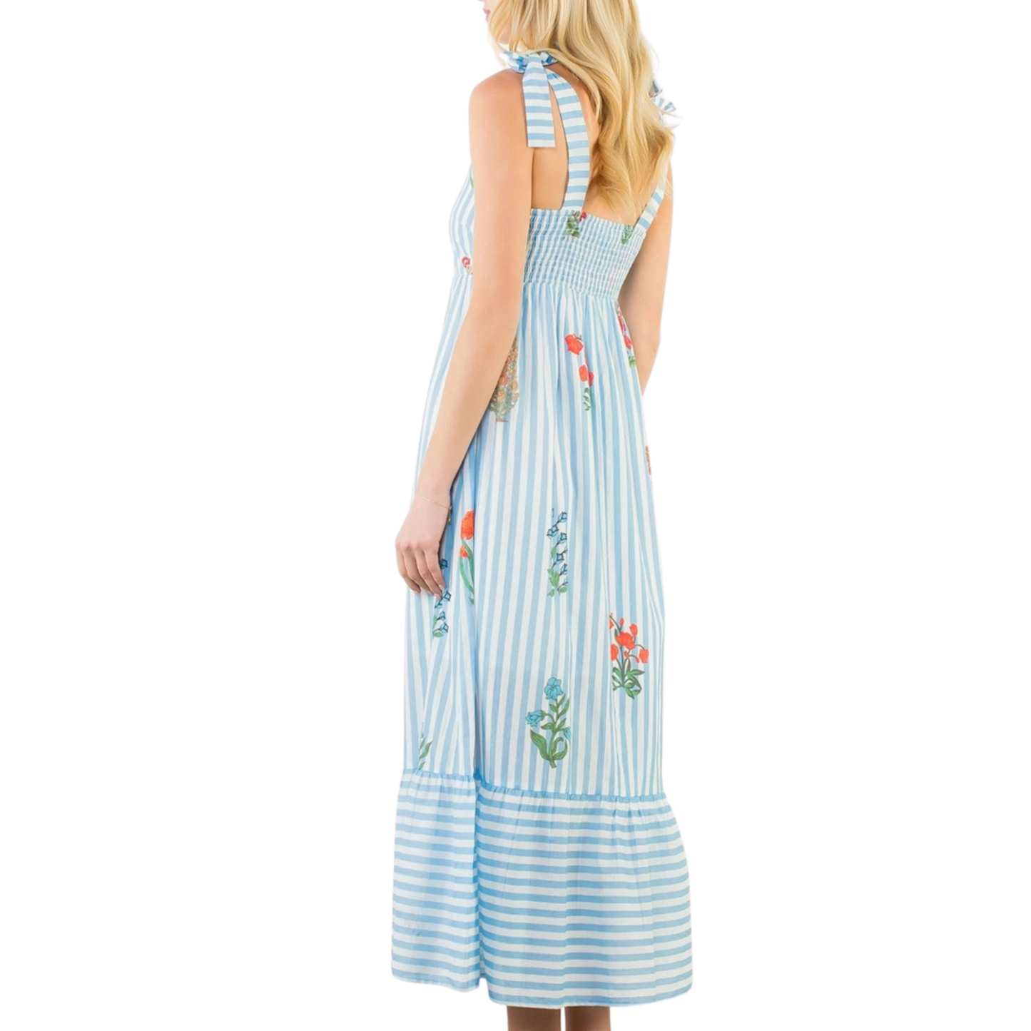 THML dress, THML midi dress, THML blue stripe dress, blue and white striped dress, cotton floral midi dress women, 100% cotton summer dress, lightweight summer dress, breathable cotton dress, women’s striped midi dress, blue floral summer dress, empire waist midi dress, tie strap dress women, adjustable strap midi dress, flowy cotton dress, casual summer midi dress, vacation dresses for women, beach vacation dress, brunch outfit dress, southern boutique dresses, college girl summer dress, garden party dress