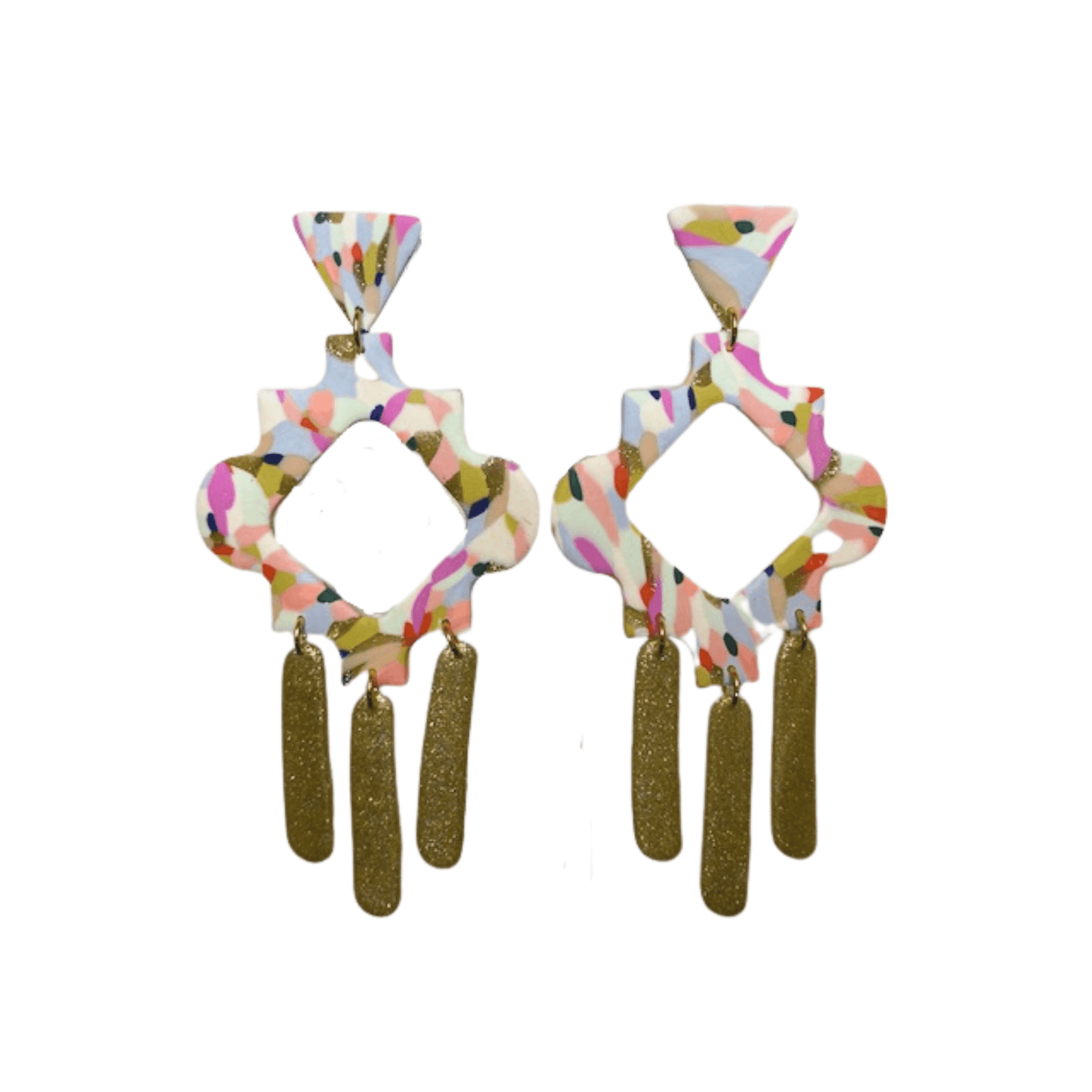 Accessories, Polymer Clay Aztec Earrings, Pink and Gold, Multicolor, Dangle Earrings